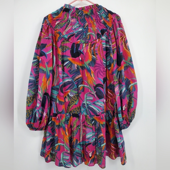 Anthropologie Farm Rio Rainbow Macaws Mini Dress Puff Sleeve Ruffle NEW - Picture 3 of 8